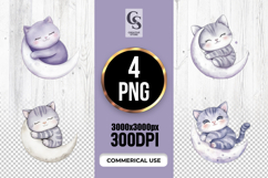 Sleeping Cat on Moon Watercolor Clipart Sublimation PNG Product Image 1
