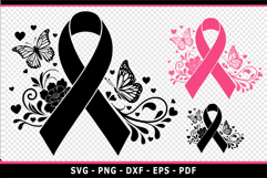 Black, pink breast cancer ribbon awareness floral butterfly Product Image 1