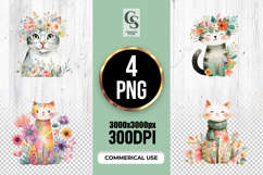 Cute Floral Cat Watercolor Clipart Sublimation PNG Product Image 1