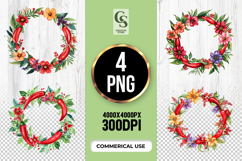 Watercolor Chili Pepper Floral Wreath Clipart PNG Product Image 1