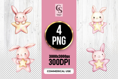 Cute Pink Bunny on Star Watercolor Clipart Sublimation PNG Product Image 1