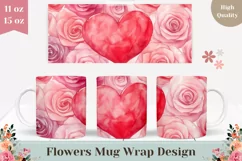 Watercolor Pink Roses Mug Sublimation, Pink Heart Mug Wrap Product Image 1