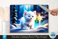 Fluffy White Kitten Playing with Star Cutting Board PNG Product Image 1