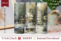 Christmas Village Tumbler Wrap, Christmas Tree Tumbler PNG Product Image 1