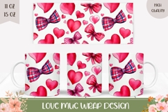 Love Hearts Mug Wrap Design, Pink Bows Mug Sublimation Product Image 1