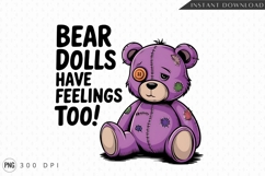 Sad Purple Teddy Bear With Patches Sublimation PNG Product Image 1
