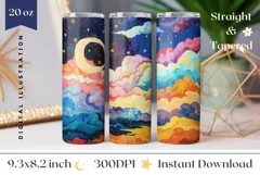 Moon Tumbler Wrap Design, Colorful Clouds Tumbler Template Product Image 1