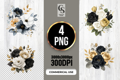 Black Gold Floral Watercolor Clipart Sublimation PNG Product Image 1