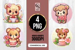 Cute Bear with Flowers and Cakes Clipart Sublimation PNG Product Image 1