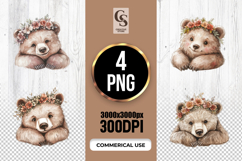 Cute Bear with Flower Crown Watercolor Clipart PNG Product Image 1