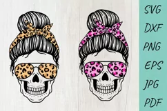 Mom life Skull Svg, Messy Bun Skull with leopard print Svg Product Image 1