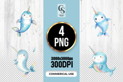 Cute Narwhal Watercolor Clipart Sublimation PNG Product Image 1