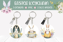 Cartoon Easter Bunny Keychain Template, Floral Easter PNG Product Image 1
