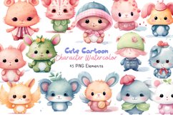 Cute Cartoon Character Watercolor 45 Cliparts Collection Product Image 1