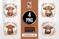 Highland Cow Floral Wreath Frame Clipart Sublimation PNG Product Image 1