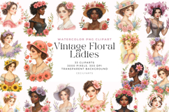 Watercolor Vintage Floral Ladies Clipart Bundle Product Image 1