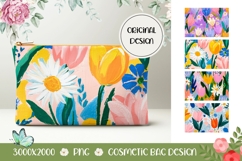 Cartoon Tulips Cosmetic Bag, Flowers Cosmetic Bag Print Product Image 1