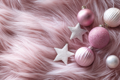 Pink Christmas Ornaments on Fluffy Fur Background Product Image 1