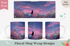 Sunset Mug Wrap, Black Cat Mug Design, Floral Mug Template Product Image 1