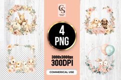 Watercolor Bunny Floral Wreath Clipart Sublimation PNG Product Image 1