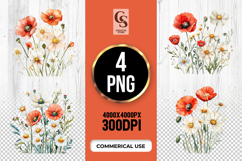 Poppy and Daisy Watercolor Clipart Sublimation PNG Product Image 1