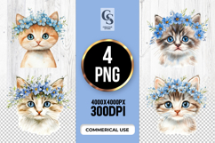 Blue Floral Kitten Clipart Sublimation PNG Product Image 1
