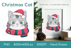 Kawaii Christmas Cat PNG, Christmas Sublimation Design Product Image 1