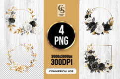 Black White Gold Floral Wreath Frame Clipart Sublimation PNG Product Image 1