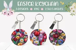 Stained Glass Flowers Round Keychain, Tulips PNG Product Image 1