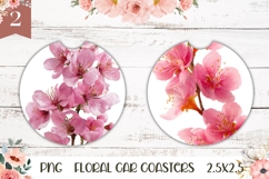 Pink Flowers Car Coasters, Sakura Round Coaster Sublimation Product Image 1