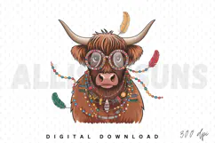 Cute Mardi Gras Highland Cow PNG, Animal Sublimation PNG Product Image 1
