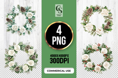 White Rose Pine Wreath Watercolor Clipart Sublimation PNG Product Image 1