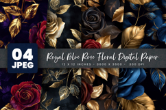 Royal Blue Rose Floral Digital Paper Product Image 1