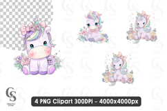 Cute Baby Unicorn with Pink Bow Pastel Floral Pony Clipart Product Image 1
