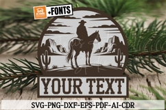 Western cowboy name sign SVG featuring a horse rider silhouette with rustic ranch desert elements. Perfect for Cricut, Silhouette, Glowforge, and farmhouse wall décor projects.