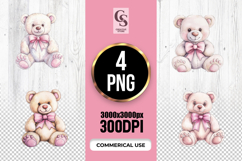 Pastel Watercolor Teddy Bear With Bow Clipart PNG Product Image 1