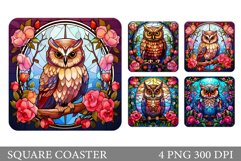 Owl Square Coaster. Stained Glass Owl Coaster Sublimation Product Image 1