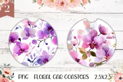 Orchid Flower Car Coaster, Watercolor Flowers Coaster PNG Product Image 1