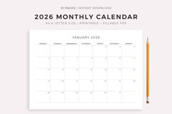 2026 Monthly Calendar Landscape, Printable, A4/Letter Size Product Image 1