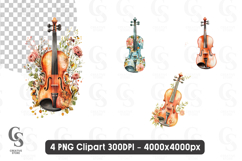 Floral Violin clipart sublimation png Product Image 1