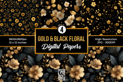 Gold &amp; Black Floral Digital Paper Pattern Product Image 1