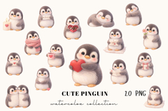Cute Penguin Watercolor Clipart Set 20 PNG | Valentine Product Image 1