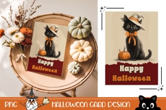 Happy Halloween Greeting Card, Vintage Halloween Cat PNG Product Image 1