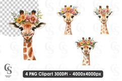 Cute Giraffe Clipart with Floral Crown PNG Product Image 1