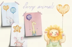Funny animals with air balloons, childish watercolor Product Image 1
