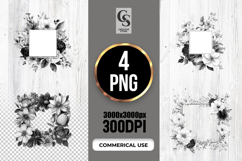 Black White Floral Square Frame Watercolor Clipart PNG Product Image 1