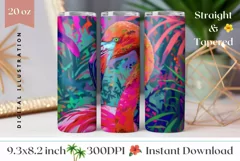 Pink Flamingo Tumbler Design, Neon Tropical Leaves Tumbler Product Image 1