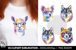 Colorful Animal With Glasses Watercolor Clipart Sublimation Product Image 1