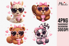 Cute Animals with Heart Glasses and Drinks PNG Product Image 1