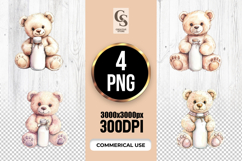 Watercolor Teddy Bear With Milk Bottle Clipart PNG Product Image 1